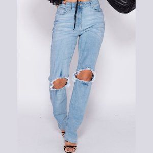Parisian Light Blue Knee Rip Distressed Straight Leg Jeans Size 8